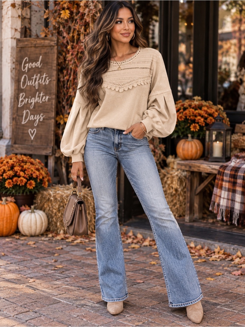 B816. Boho Chic Cozy Crochet Detail Flare Sweater in Beige